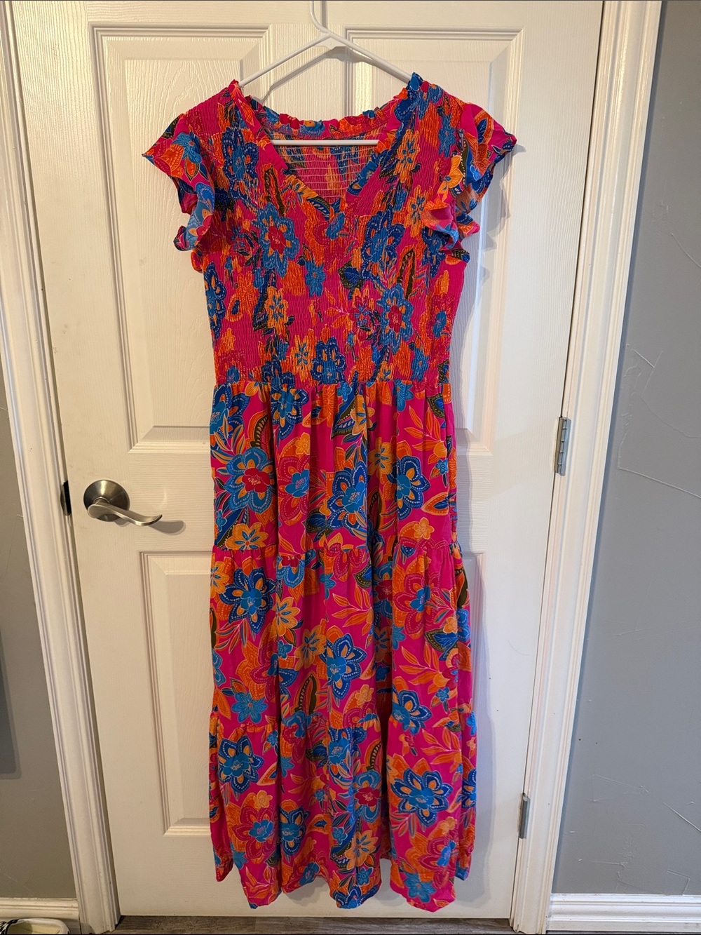 Bright Floral Pink Maxi Dress with Blue & Orange Flowers